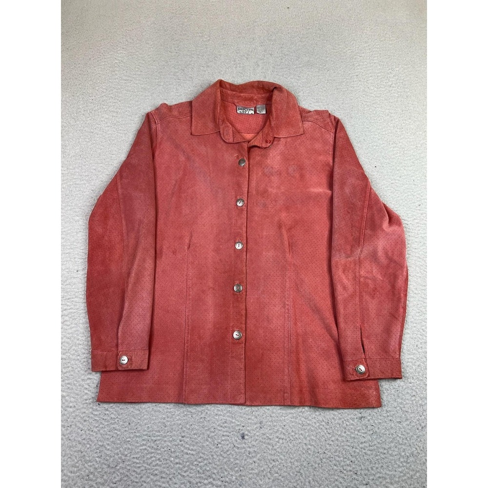 Chicos Leather Jacket Womens 2‎ Coral Pink Perforated Shirt Style Button Up